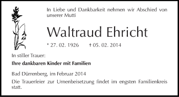 Traueranzeige von Waltraud Ehricht von Mitteldeutsche Zeitung Merseburg/Querfurt