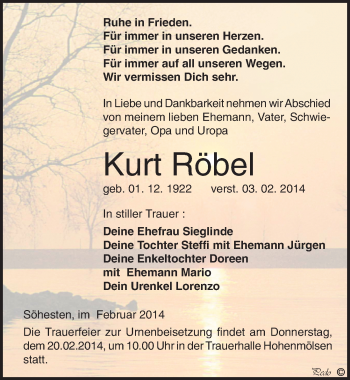 Traueranzeige von Kurt Röbel von Mitteldeutsche Zeitung Weißenfels