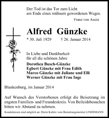 Traueranzeige von Alfred Günzke von Mitteldeutsche Zeitung Quedlinburg