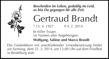 Traueranzeige von Gertraud Brandt von Mitteldeutsche Zeitung Halle/Saalkreis