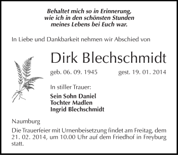 Traueranzeige von Dirk Blechschmidt von Mitteldeutsche Zeitung Naumburg/Nebra