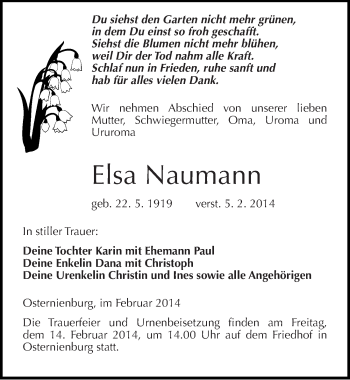 Traueranzeige von Elsa Naumann von Mitteldeutsche Zeitung Köthen