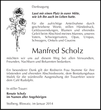 Traueranzeige von Manfred Scholz von Mitteldeutsche Zeitung Sangerhausen