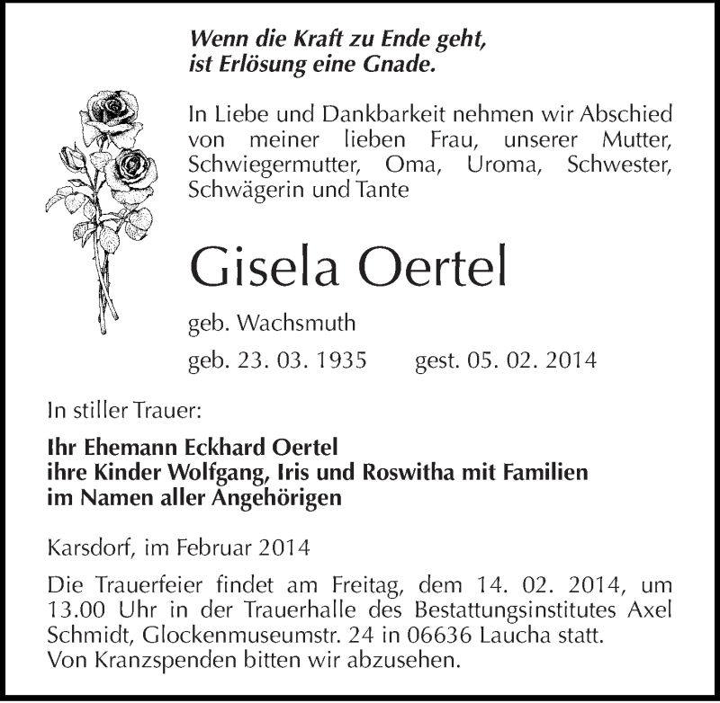  Traueranzeige für Gisela Oertel vom 08.02.2014 aus Mitteldeutsche Zeitung Naumburg/Nebra