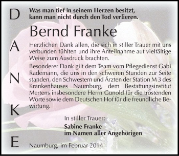 Traueranzeige von Bernd Franke von Mitteldeutsche Zeitung Naumburg/Nebra