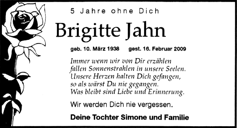  Traueranzeige für Brigitte Jahn vom 15.02.2014 aus Mitteldeutsche Zeitung Halle/Saalkreis