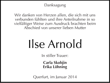 Traueranzeige von Ilse Arnold von Mitteldeutsche Zeitung Merseburg/Querfurt