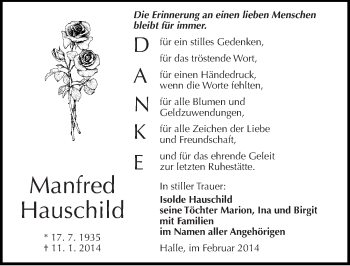 Traueranzeige von Manfred Hauschild von Mitteldeutsche Zeitung Halle/Saalkreis