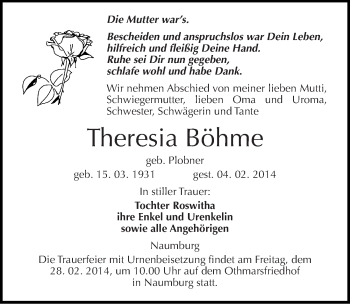 Traueranzeige von Theresia Böhme von Mitteldeutsche Zeitung Naumburg/Nebra