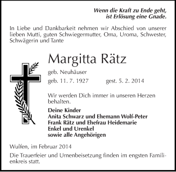 Traueranzeige von Margitta Rätz von Mitteldeutsche Zeitung Köthen