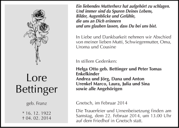 Traueranzeige von Lore Bettinger von Mitteldeutsche Zeitung Köthen