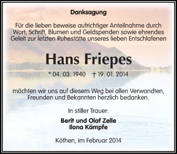 Traueranzeige von Hans Friepes von Mitteldeutsche Zeitung Köthen