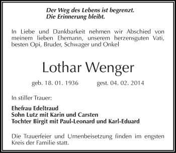 Traueranzeige von Lothar Wenger von Mitteldeutsche Zeitung Dessau-Roßlau