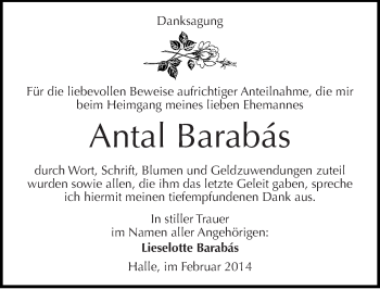 Traueranzeige von Antal Barabás von Mitteldeutsche Zeitung Halle/Saalkreis