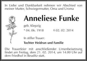 Traueranzeige von Anneliese Funke von Mitteldeutsche Zeitung Halle/Saalkreis