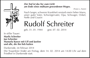 Traueranzeige von Rudolf Schreiter von Mitteldeutsche Zeitung Quedlinburg