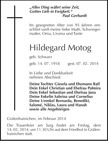 Traueranzeige von Hildegard Motog von Mitteldeutsche Zeitung Wittenberg