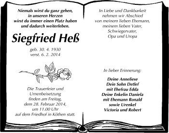 Traueranzeige von Siegfried Heß von Mitteldeutsche Zeitung Köthen