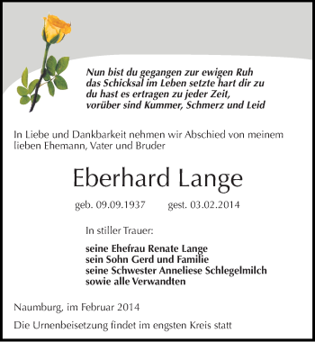 Traueranzeige von Eberhard Lange von Mitteldeutsche Zeitung Naumburg/Nebra