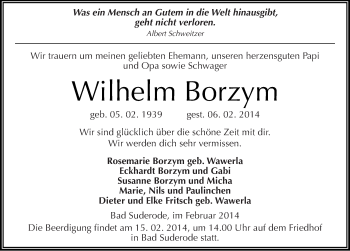Traueranzeige von Wilhelm Borzym von Mitteldeutsche Zeitung Quedlinburg