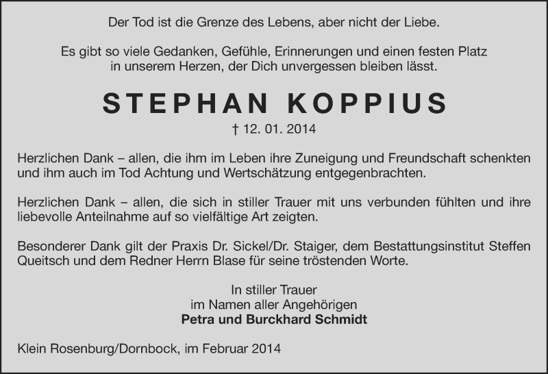  Traueranzeige für Stephan Koppius vom 15.02.2014 aus Mitteldeutsche Zeitung Köthen