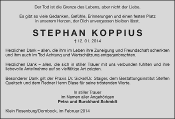 Traueranzeige von Stephan Koppius von Mitteldeutsche Zeitung Köthen