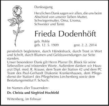 Traueranzeige von Frieda Dodenhöft von Mitteldeutsche Zeitung Wittenberg