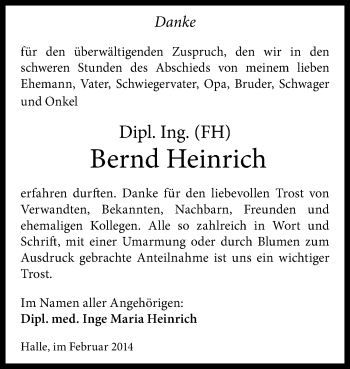 Traueranzeige von Bernd Heinrich von Mitteldeutsche Zeitung Halle/Saalkreis