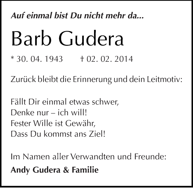  Traueranzeige für Barb Gudera vom 11.02.2014 aus Mitteldeutsche Zeitung Köthen