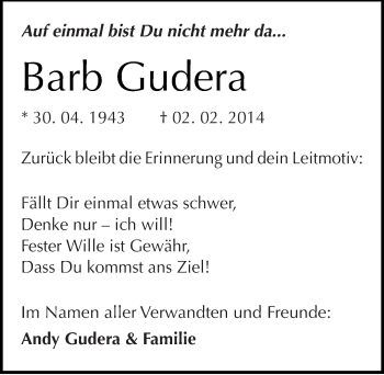 Traueranzeige von Barb Gudera von Mitteldeutsche Zeitung Köthen