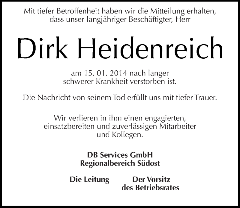  Traueranzeige für Dirk Heidenreich vom 11.02.2014 aus Mitteldeutsche Zeitung Halle/Saalkreis