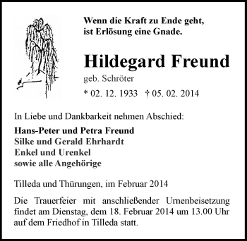 Traueranzeige von Hildegard Freund von Mitteldeutsche Zeitung Sangerhausen