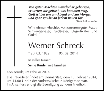 Traueranzeige von Werner Schreck von Mitteldeutsche Zeitung