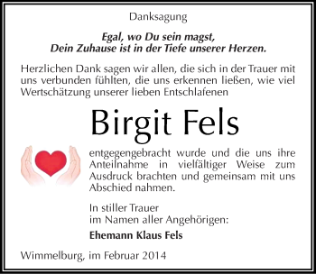 Traueranzeige von Birgit Fels von Mitteldeutsche Zeitung Mansfelder Land
