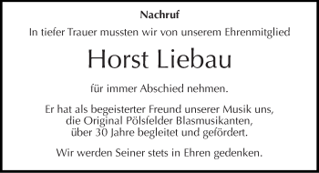 Traueranzeige von Horst Liebau von Mitteldeutsche Zeitung Sangerhausen