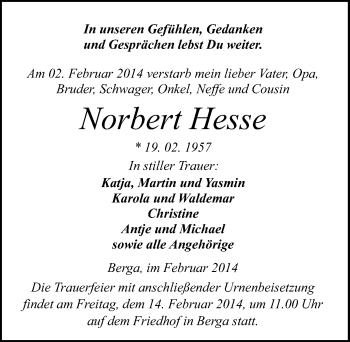 Traueranzeige von Norbert Hesse von Mitteldeutsche Zeitung Sangerhausen