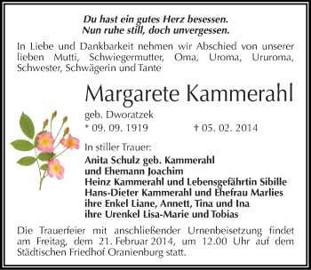 Traueranzeige von Margarete Kammerahl von Mitteldeutsche Zeitung Halle/Saalkreis
