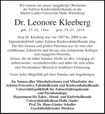 Traueranzeige von Leonore Kleeberg von Mitteldeutsche Zeitung Halle/Saalkreis