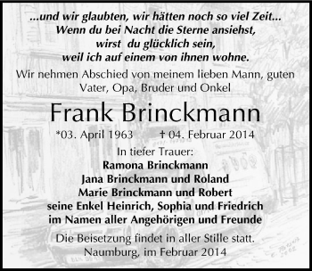 Traueranzeige von Frank Brinckmann von Mitteldeutsche Zeitung Naumburg/Nebra