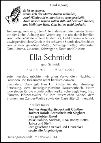 Traueranzeige von Ella Schmidt von Mitteldeutsche Zeitung Naumburg/Nebra