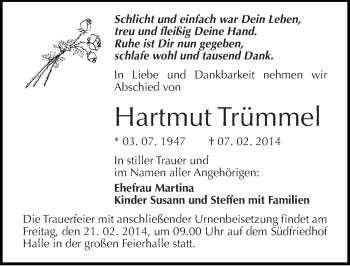 Traueranzeige von Hartmut Trümmel von Mitteldeutsche Zeitung Halle/Saalkreis