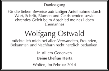 Traueranzeige von Wolfgang Ostwald von Mitteldeutsche Zeitung Bitterfeld