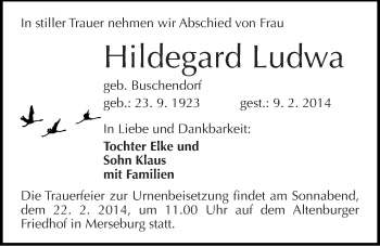 Traueranzeige von Hildegard Ludwa von Mitteldeutsche Zeitung Merseburg/Querfurt