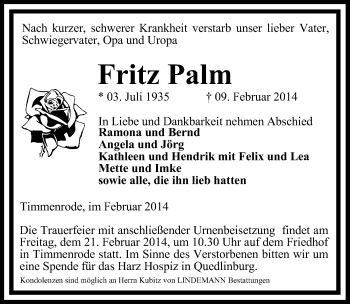 Traueranzeige von Fritz Palm von Mitteldeutsche Zeitung Quedlinburg