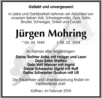 Traueranzeige von Jürgen Mohring von Mitteldeutsche Zeitung Köthen