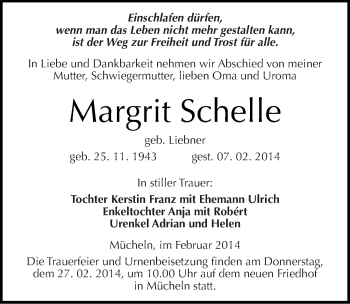 Traueranzeige von Margrit Schelle von Mitteldeutsche Zeitung Merseburg/Querfurt