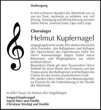 Traueranzeige von Helmut Kupfernagel von Mitteldeutsche Zeitung Halle/Saalkreis
