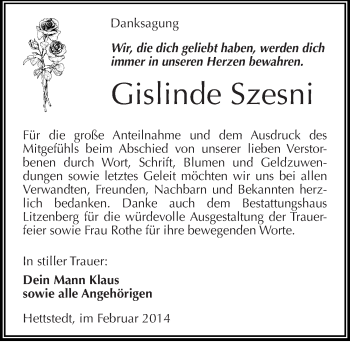 Traueranzeige von Gislinde Szesni von Mitteldeutsche Zeitung Mansfelder Land