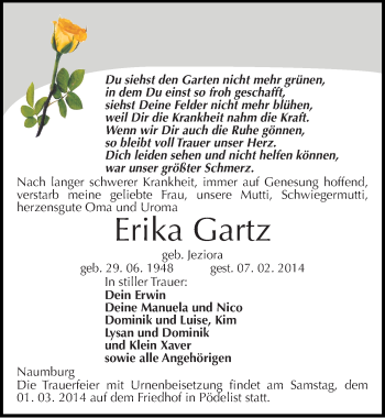 Traueranzeige von Erika Gartz von Mitteldeutsche Zeitung Naumburg/Nebra