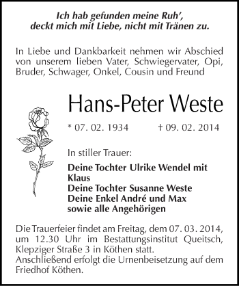 Traueranzeige von Hans-Peter Weste von Mitteldeutsche Zeitung Köthen